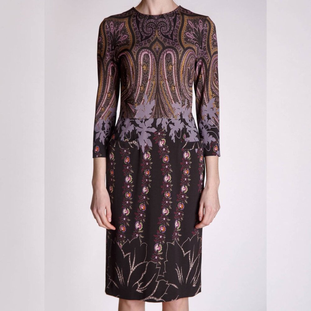 Etro Purple & Black Paisley & Floral Jersey Midi Dress
